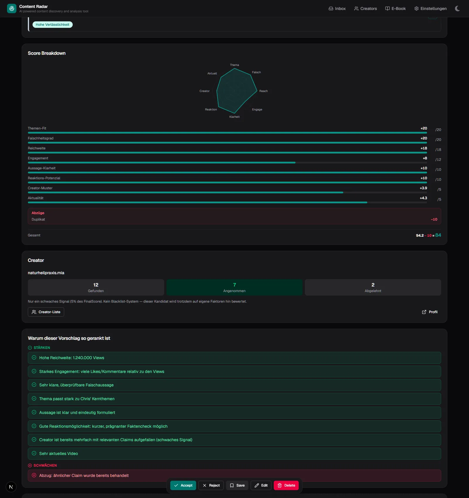 Candidate detail with radar chart and score breakdown