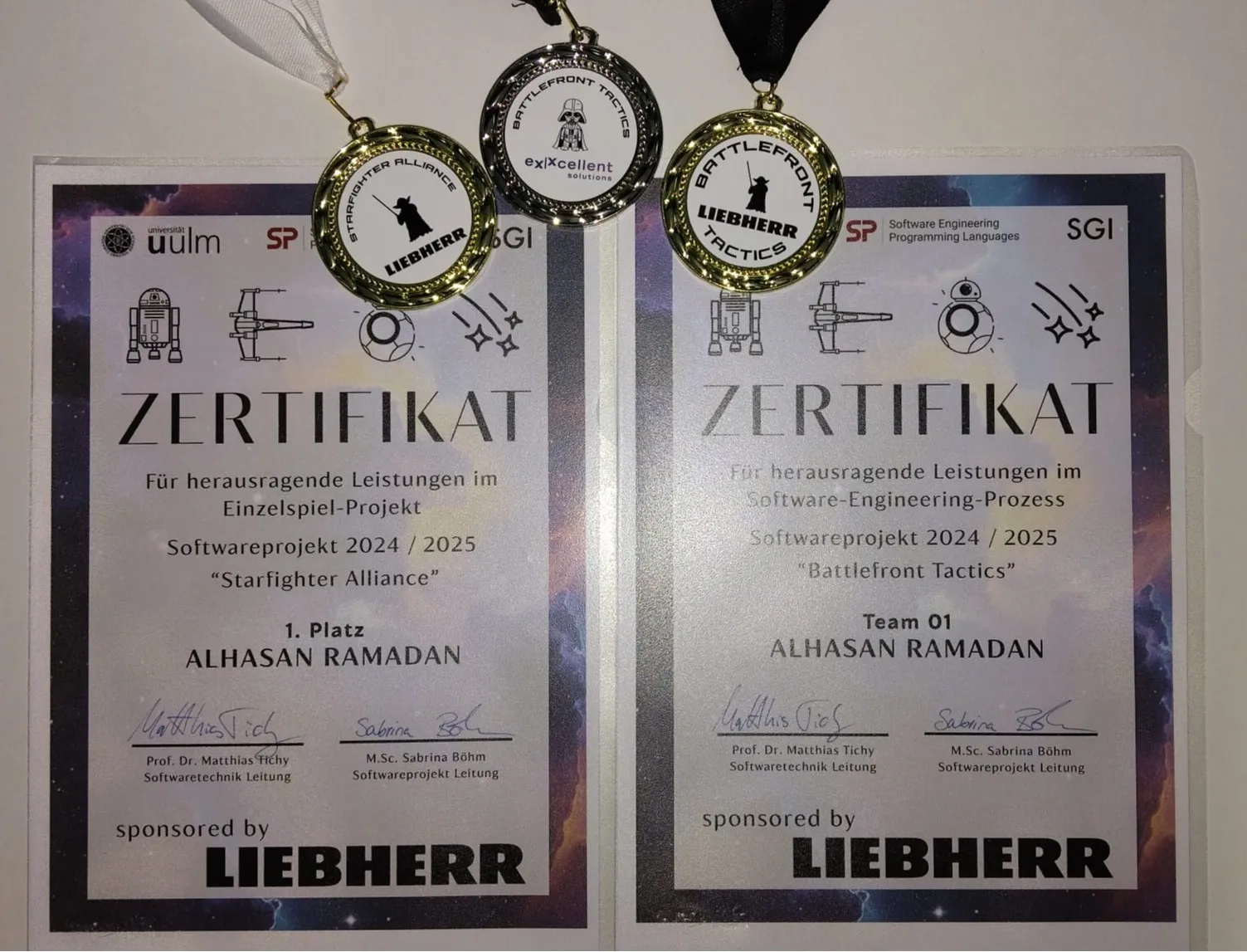 Award certificates and medals
